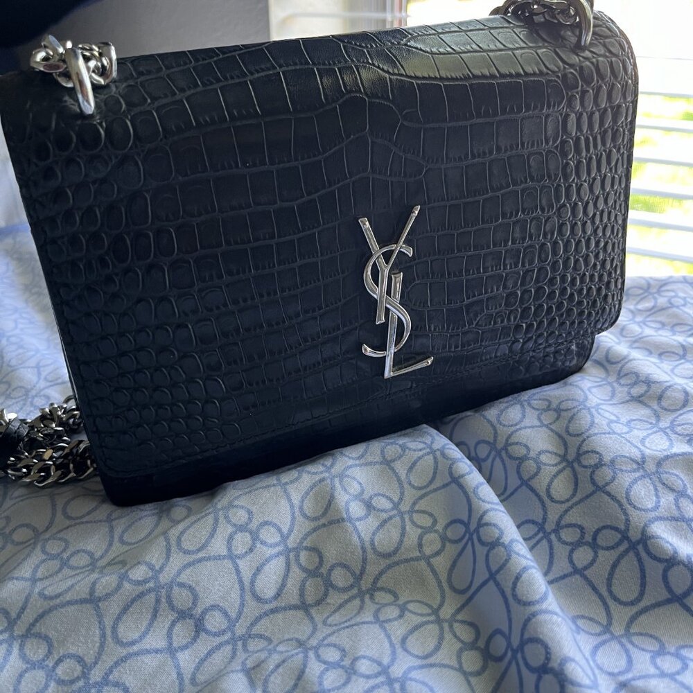 YSL Sunset Small Croc-effect Patent-leather Shoulder/Cross-body Bag
